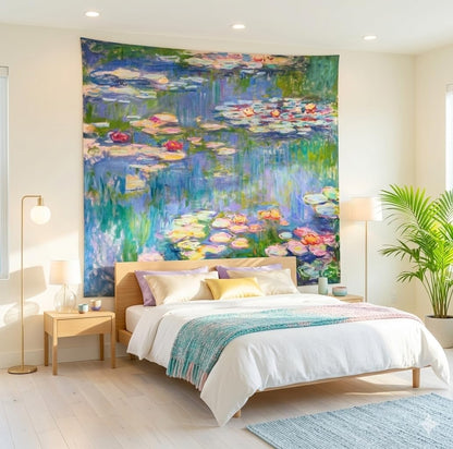 Monet Waterlily Wall Tapestry, Cute Floral Art Tapestries for Girl Bedroom