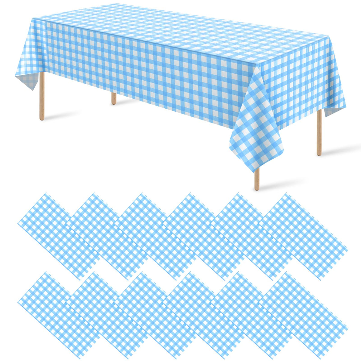 12 Pack Blue and White Plastic Checkered Tablecloth, Premium Decorative Disposable Blue Gingham Plaid Table Cloths for Parties, Rectangle Party Table Cover for Picnic Farm Birthday Wedding, 54x108Inch