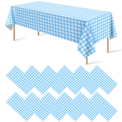 12 Pack Blue and White Plastic Checkered Tablecloth, Premium Decorative Disposable Blue Gingham Plaid Table Cloths for Parties, Rectangle Party Table Cover for Picnic Farm Birthday Wedding, 54x108Inch