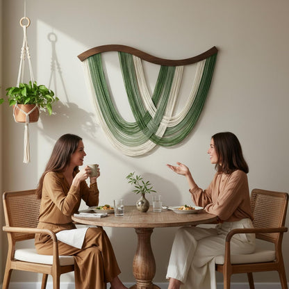 Green Macrame Wall Hanging Dip Dyed Yarn Wall Art, Modern Boho Decor