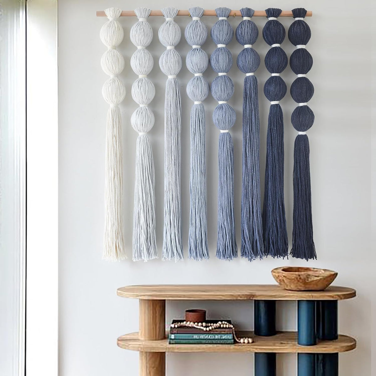 Macrame Wall Hanging Dip Dyed Blue Yarn Wall Art Tassel Decor 27" W*31" L