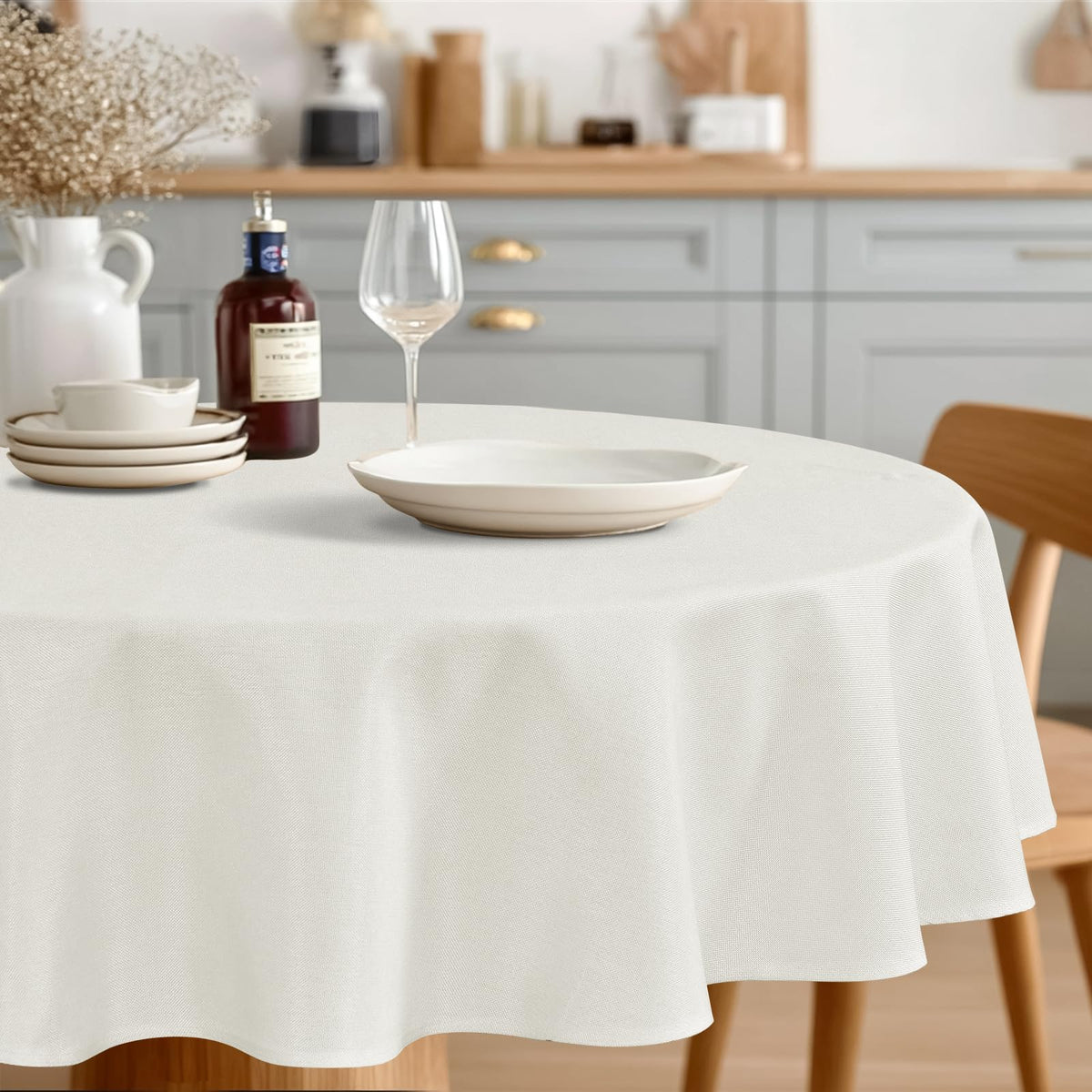 JIUZHEN Round Table Cloth Faux Linen Farmhouse Tablecloth Wrinkle and Stain Resistant Decorative Fabric Table Cover for Kitchen, Dining Room, Parties and Camping, Beige, 120 Inch Round