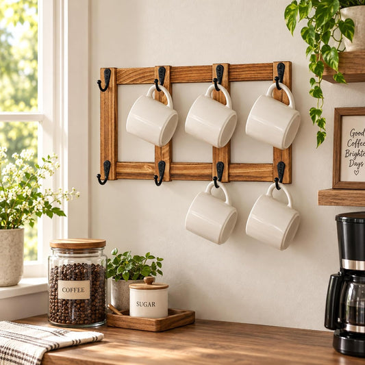 Yohsnor Wooden Coffee Mug Wall Rack-Durable Mug Holder Wall with 8 Hooks