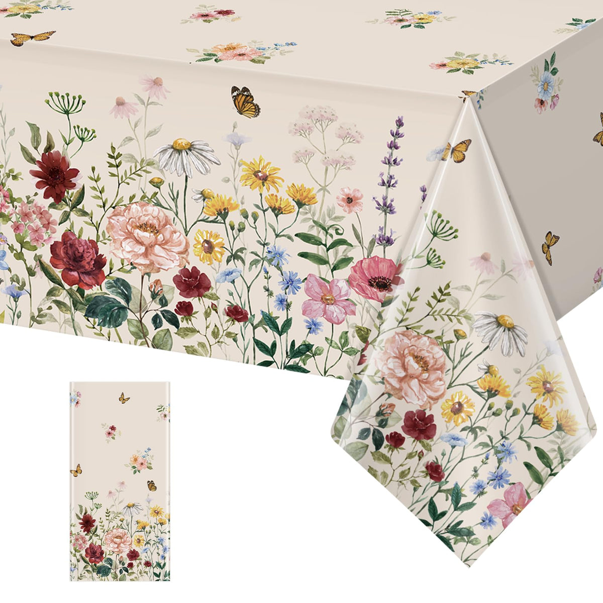 3 Pcs Spring Floral Tablecloth, Butterfly Wildflower Plastic Disposable Tablecloth Rectangle Table Covers for Easter, Birthday, Wedding, Mothers Day Tea Party Supplies and Decorations,54 x 108 Inch