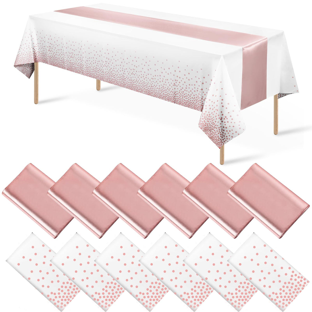8Pack Disposable Plastic Tablecloths and Satin Table Runner Set White and Silver Dot Tablecloth Silver Satin Table Runner for Wedding Birthday Baby Shower Anniversary Christmas New Year Party Supplies