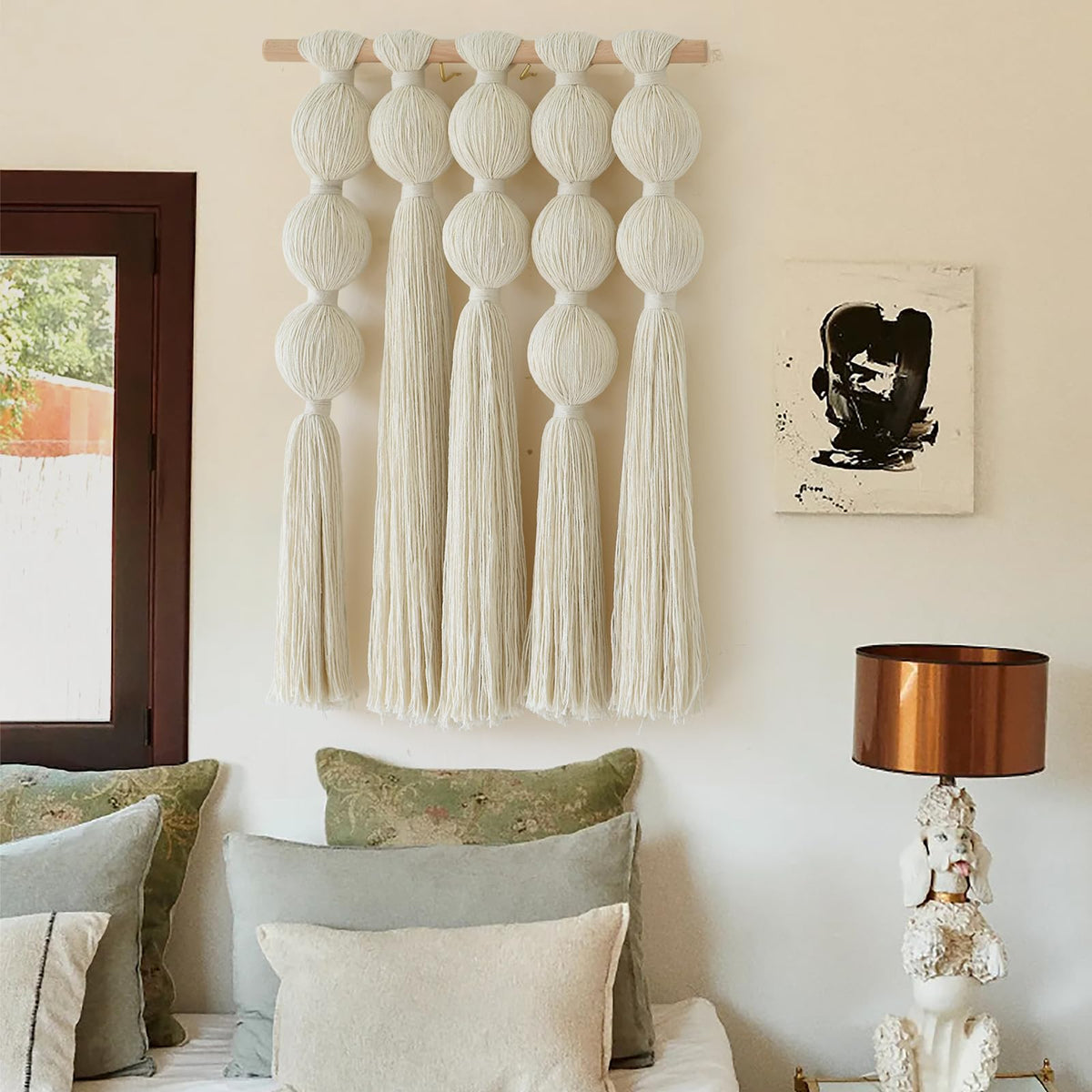 Macrame Wall Hanging Black Spherical Tassel Geometric Wall Art 15.7"W*39"L