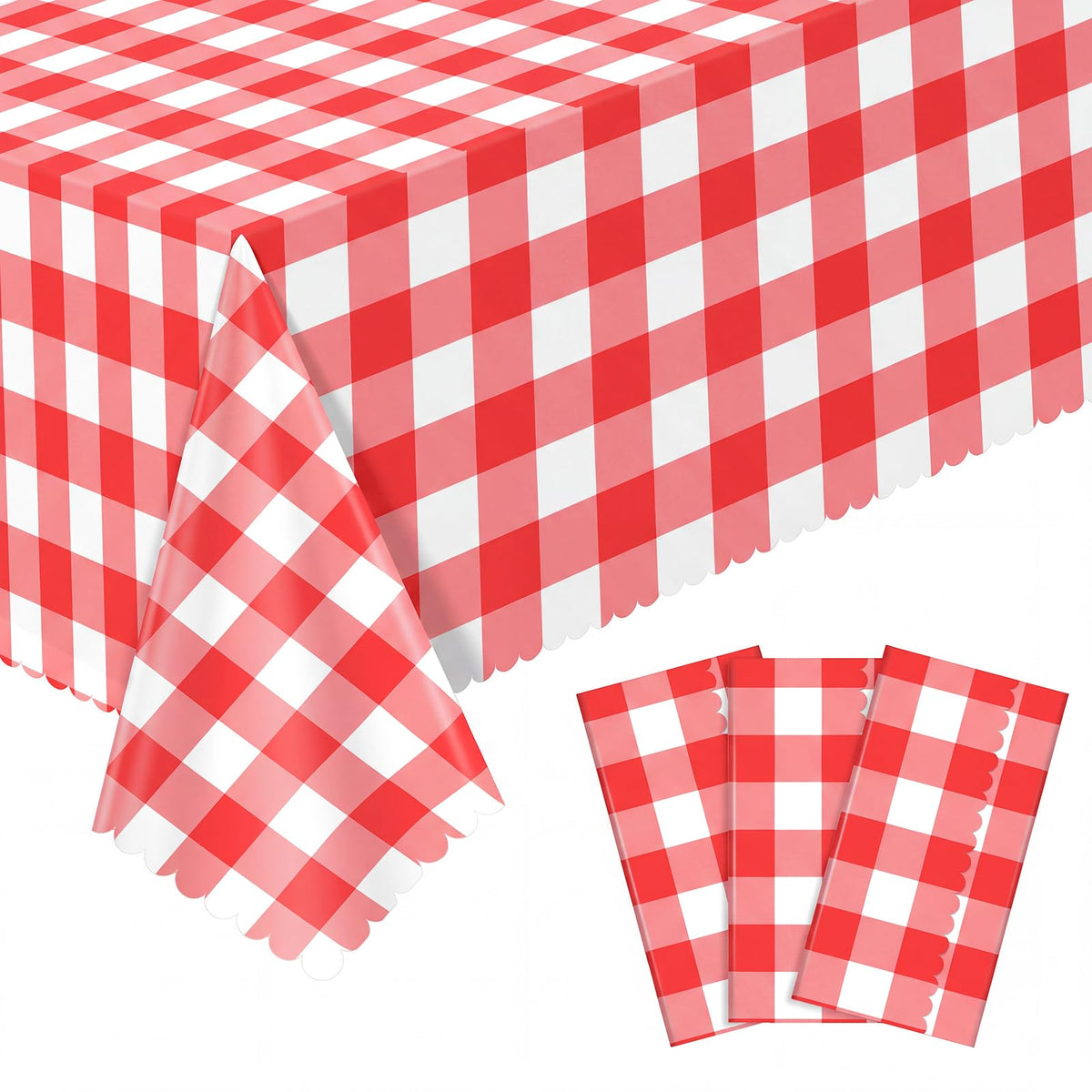 NatNarr 3 Pack Sage Green Gingham Tablecloth, Scalloped Party Table Cover