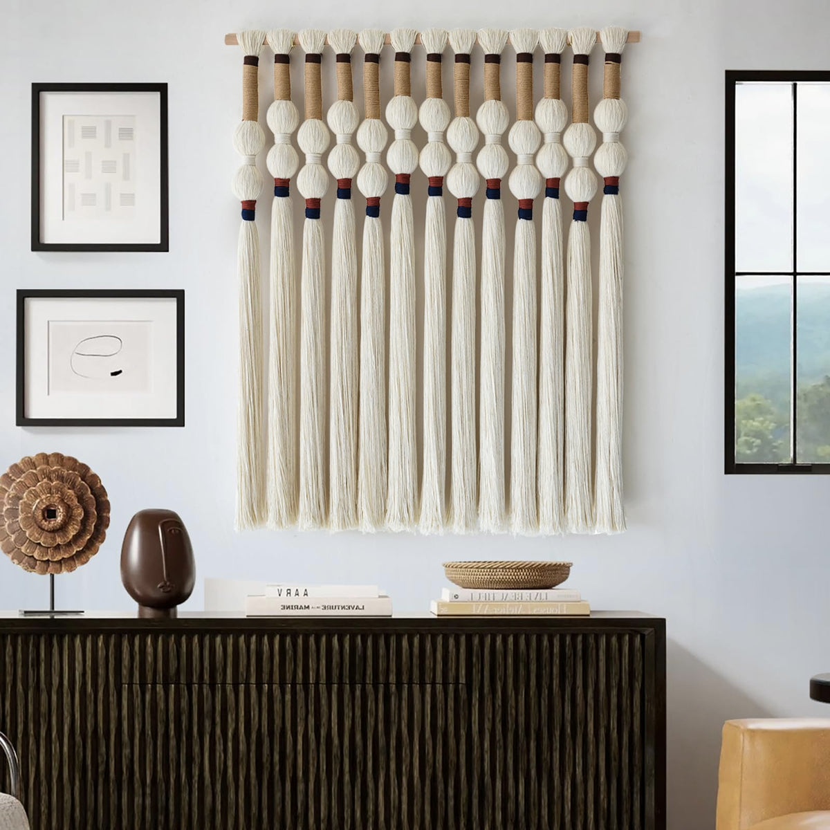 Macrame Wall Hanging Black Spherical Tassel Geometric Wall Art 15.7"W*39"L