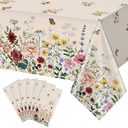 3 Pcs Spring Floral Tablecloth, Butterfly Wildflower Plastic Disposable Tablecloth Rectangle Table Covers for Easter, Birthday, Wedding, Mothers Day Tea Party Supplies and Decorations,54 x 108 Inch