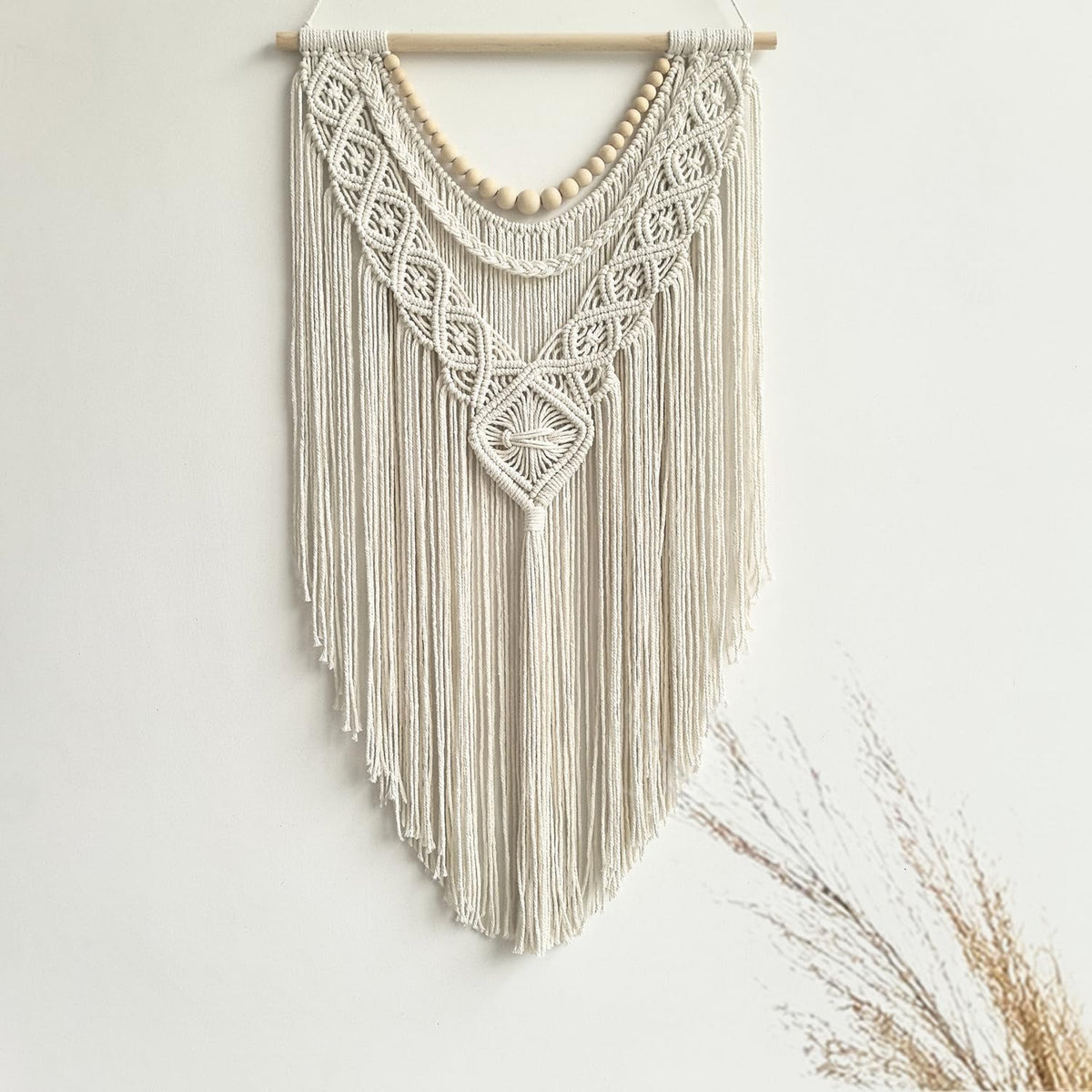 guzhiou Macrame Wall Hanging Boho Geometric Woven Tapestry Cotton Handmade Bohemian Art Decor with Wood Bead Wall Decor for Bedroom Living Room Apartment Nursery 31.5" L x 17" W(Wood bead-A)