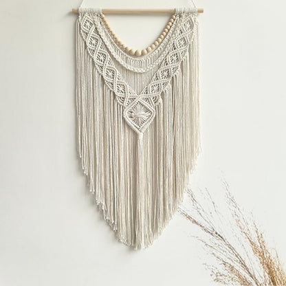 guzhiou Macrame Wall Hanging Boho Geometric Woven Tapestry Cotton Handmade Bohemian Art Decor with Wood Bead Wall Decor for Bedroom Living Room Apartment Nursery 31.5" L x 17" W(Wood bead-A)