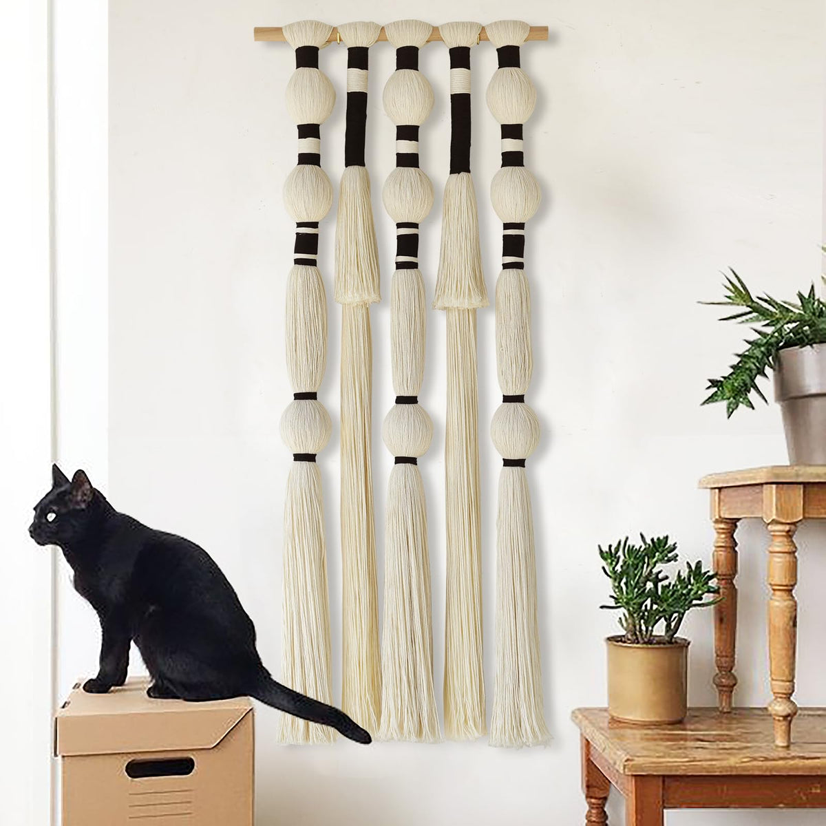 Macrame Wall Hanging Black Spherical Tassel Geometric Wall Art 15.7"W*39"L