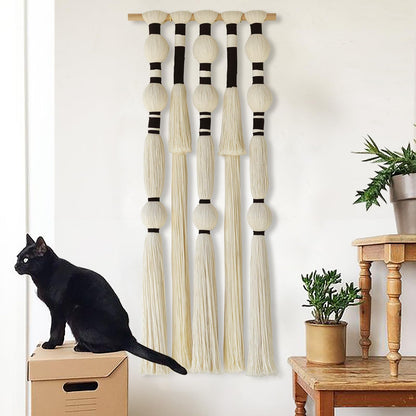 Macrame Wall Hanging Black Spherical Tassel Geometric Wall Art 15.7"W*39"L