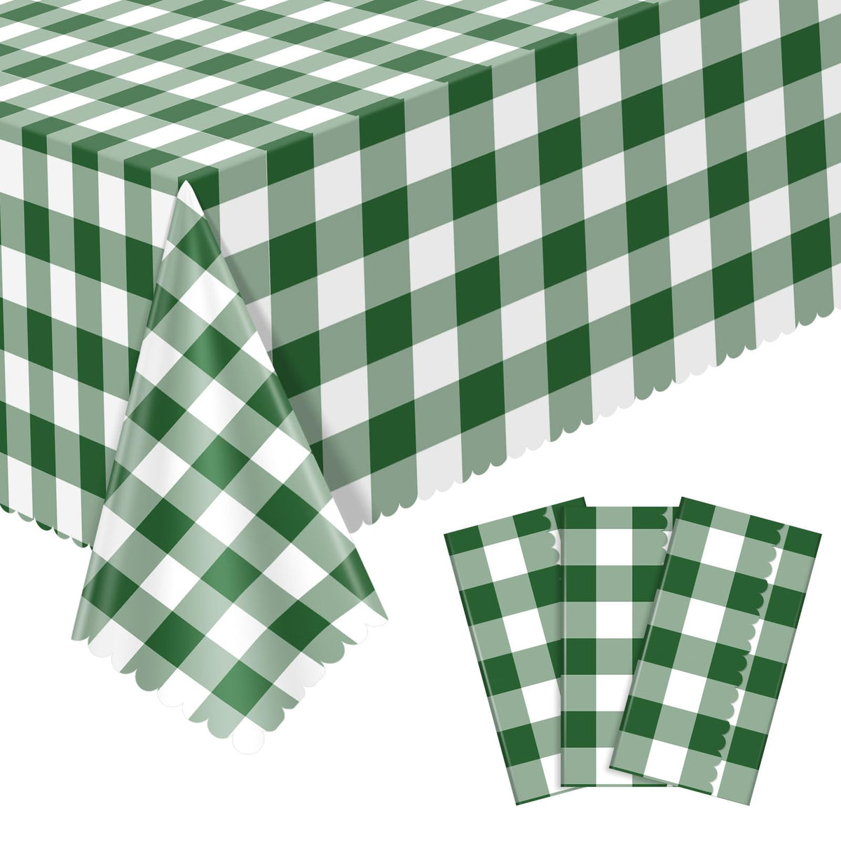 NatNarr 3 Pack Sage Green Gingham Tablecloth, Scalloped Party Table Cover
