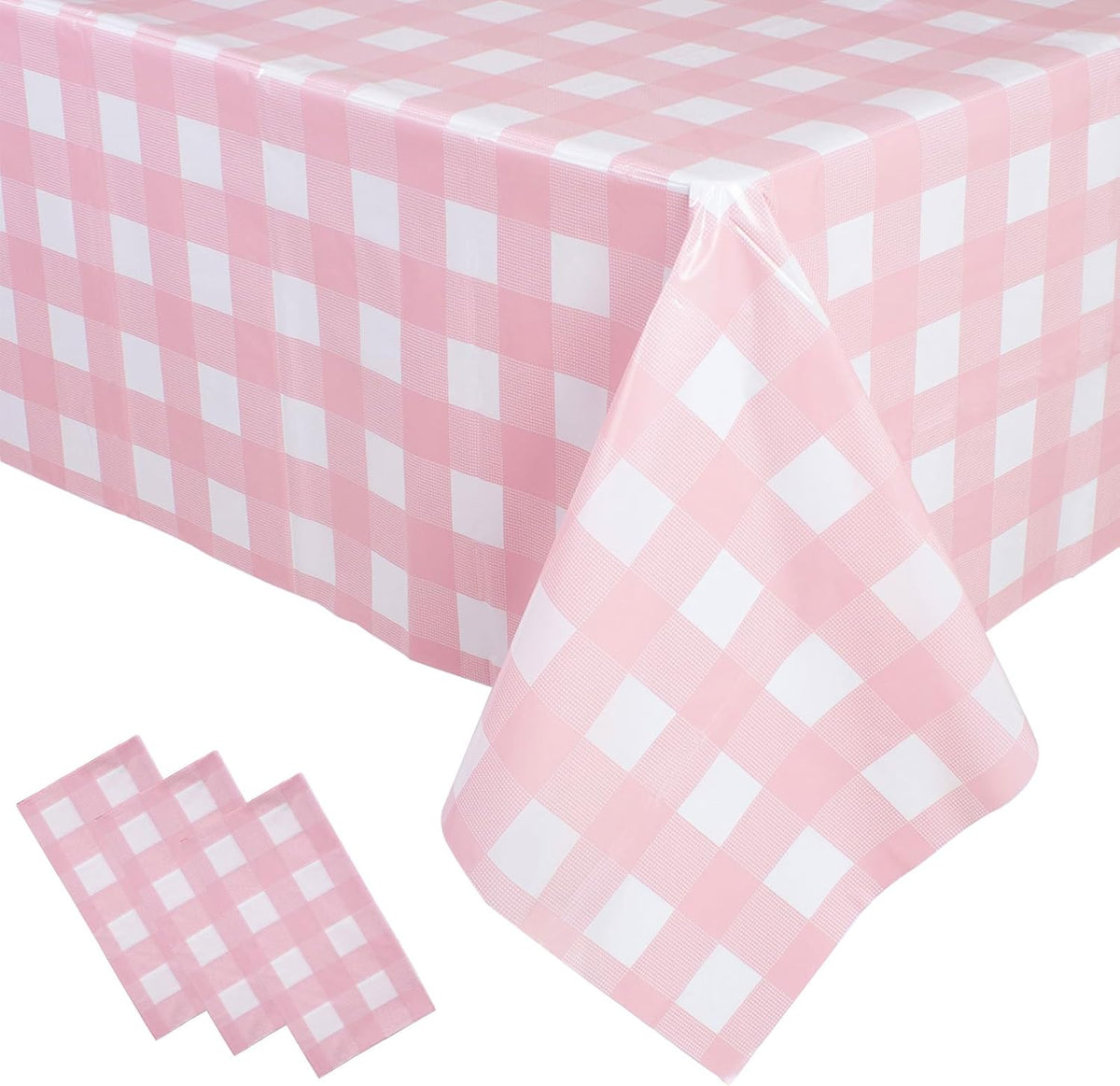 3 Packs Pink Gingham Tablecloth 54 x 108 Inches Pink and White Checkered Disposable Plastic Waterproof Picnic Table Cover for Camping and Birthday Party Supplies