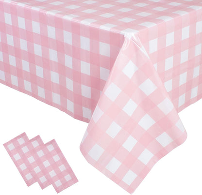 3 Packs Pink Gingham Tablecloth 54 x 108 Inches Pink and White Checkered Disposable Plastic Waterproof Picnic Table Cover for Camping and Birthday Party Supplies