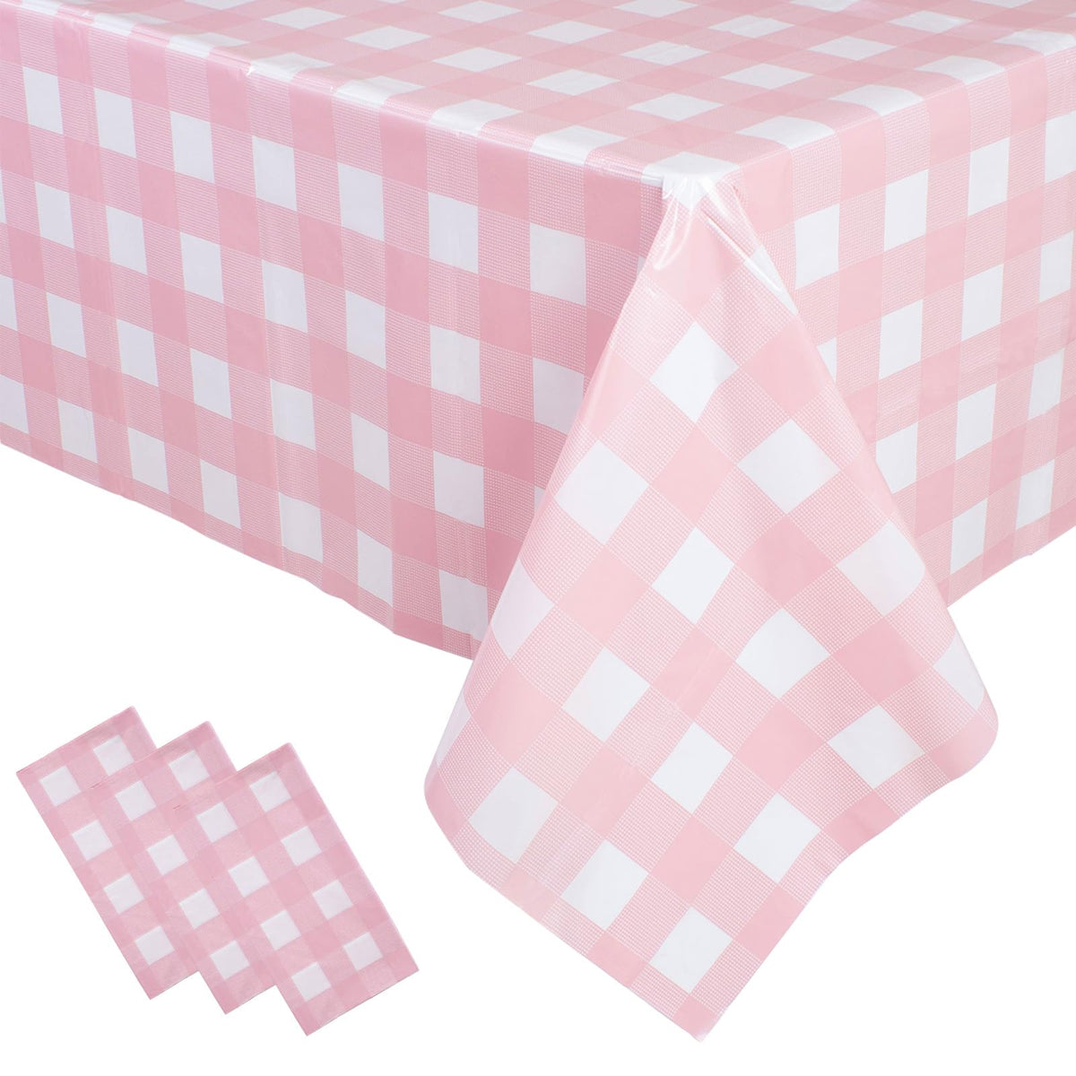 3 Packs Pink Gingham Tablecloth 54 x 108 Inches Pink and White Checkered Disposable Plastic Waterproof Picnic Table Cover for Camping and Birthday Party Supplies