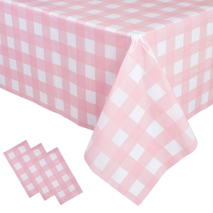 3 Packs Pink Gingham Tablecloth 54 x 108 Inches Pink and White Checkered Disposable Plastic Waterproof Picnic Table Cover for Camping and Birthday Party Supplies