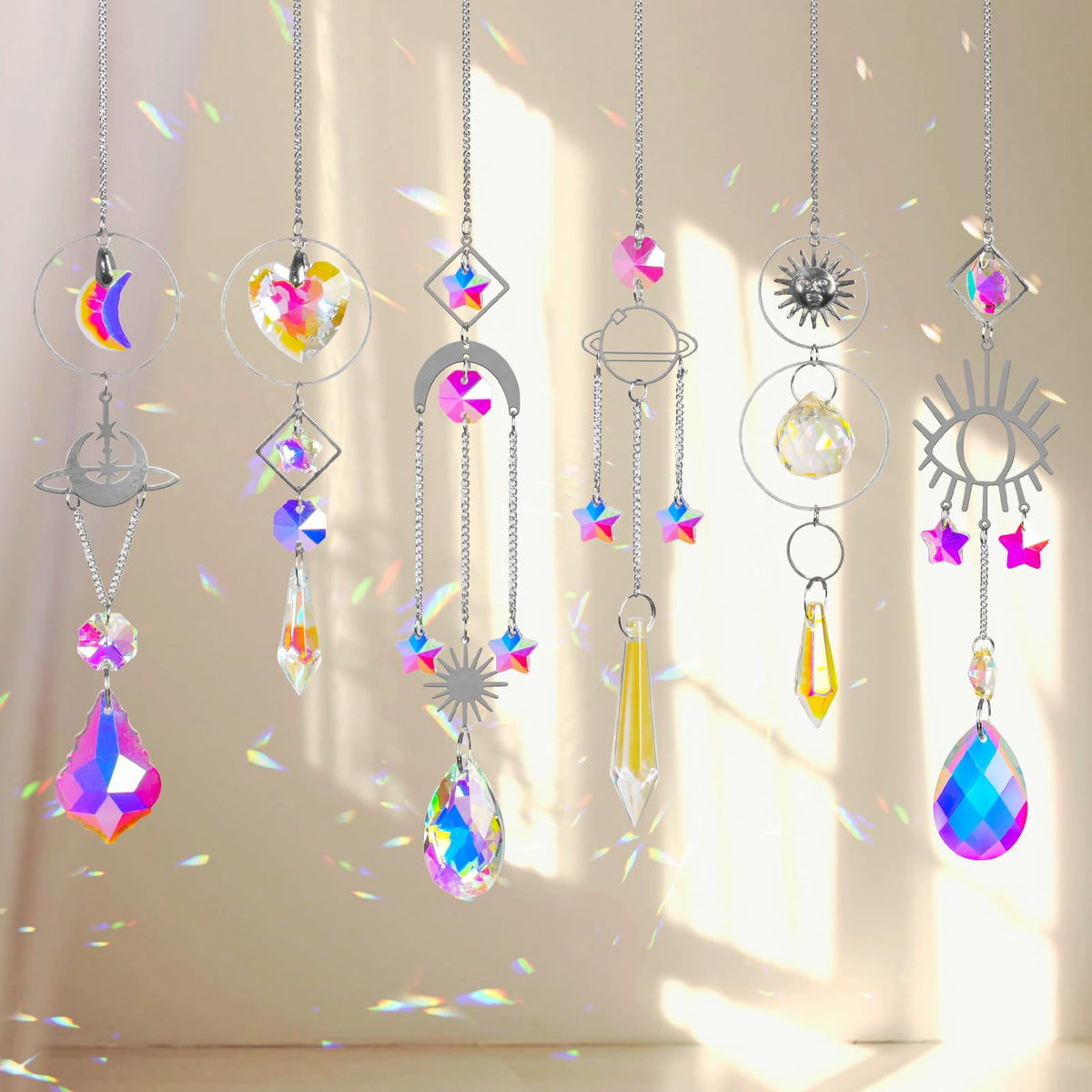 6Pieces Colorful Crystals Suncatcher Hanging Sun Catcher with Chain