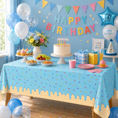 3-Piece 54 x 108 Inch Summer Dessert Plastic Tablecloth – Blue, Yellow, Pink Sprinkle Design, Disposable Rectangle Table Cover for Birthday, Pool Party, Indoor Outdoor Summer Decorations