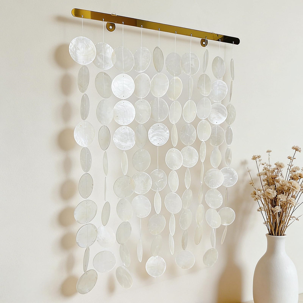 DHHOUSE 24x28 Inch Large Capiz Shell Wall Hanging, Handmade Sea Shell Wall Art with Gold Rail for Home Decor