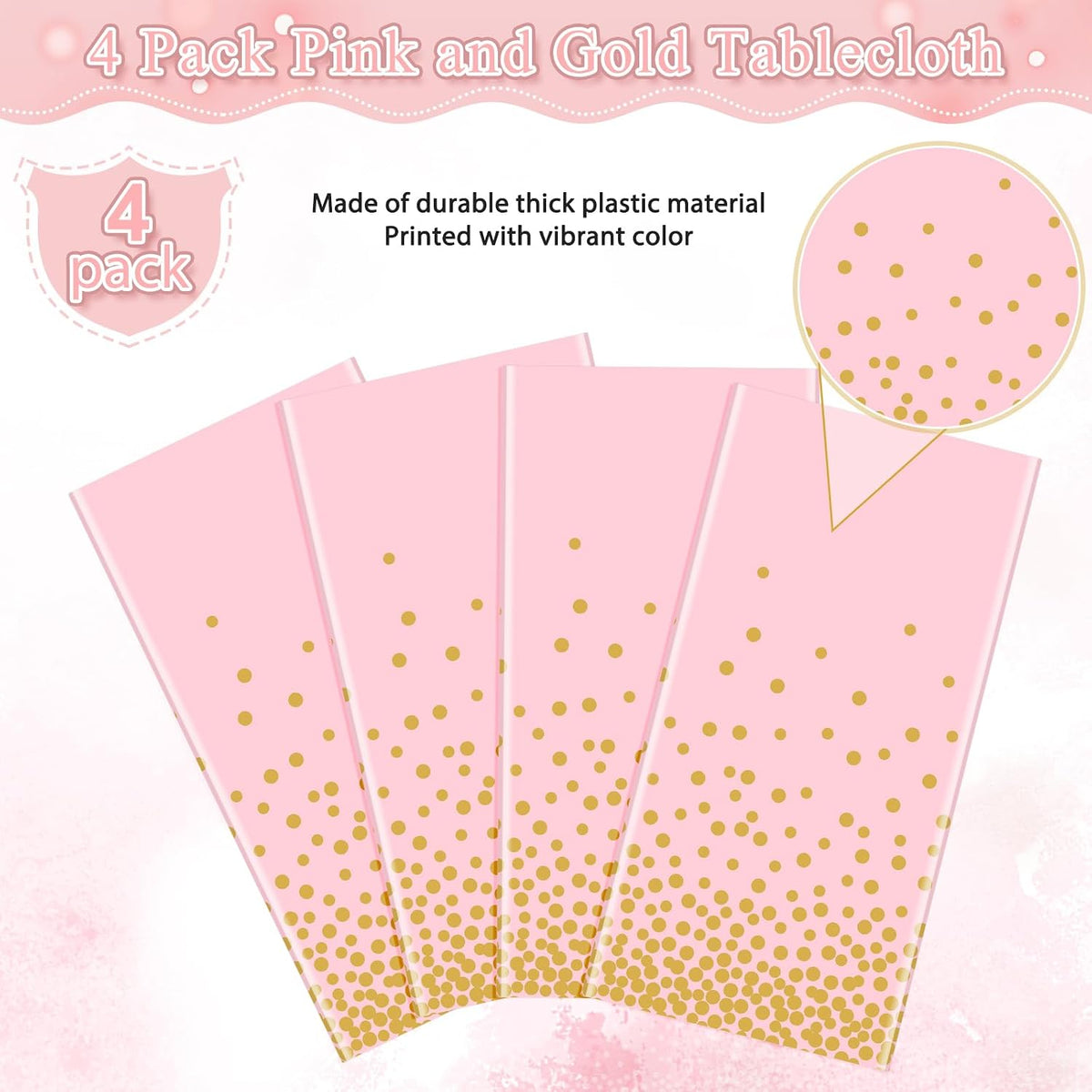 FunnyPars 4 Pack Pink and Gold Plastic Tablecloth for Parties, Pink Disposable Table Cloth for Rectangle Tables, Gold Dot Confetti Light Pink Tablecloth for Birthday Wedding Baby Shower Party, 54x108