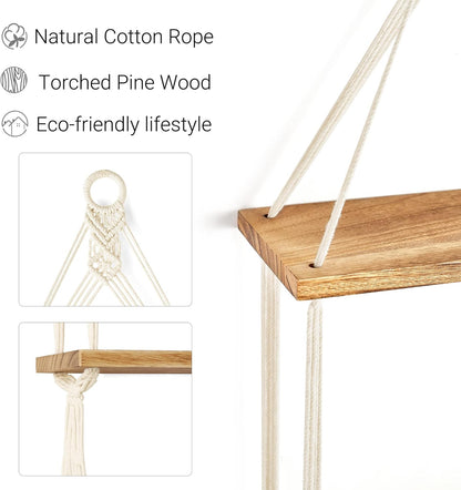 Mkono Macrame Hanging Shelf 2 Tier Boho Wall Room Decor for Teen Girls