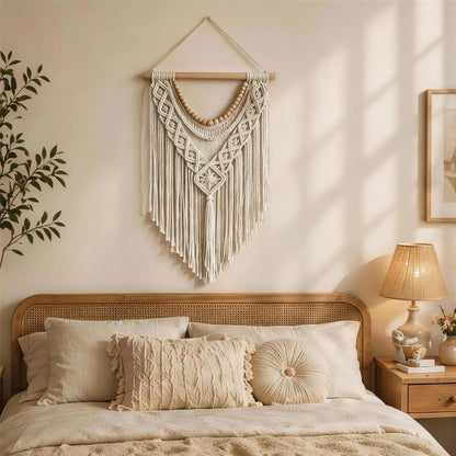 31.5×15 Inch Boho Macrame Wall Hanging, Handwoven Tapestry with Wooden Beads, Boho Home Decor