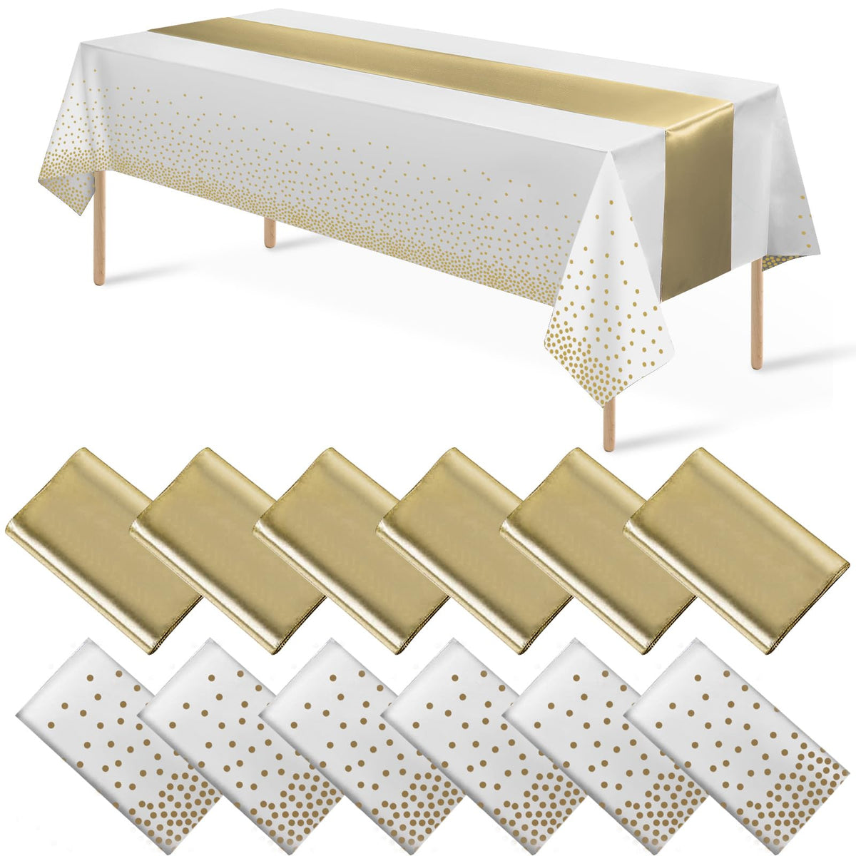 8Pack Disposable Plastic Tablecloths and Satin Table Runner Set White and Silver Dot Tablecloth Silver Satin Table Runner for Wedding Birthday Baby Shower Anniversary Christmas New Year Party Supplies