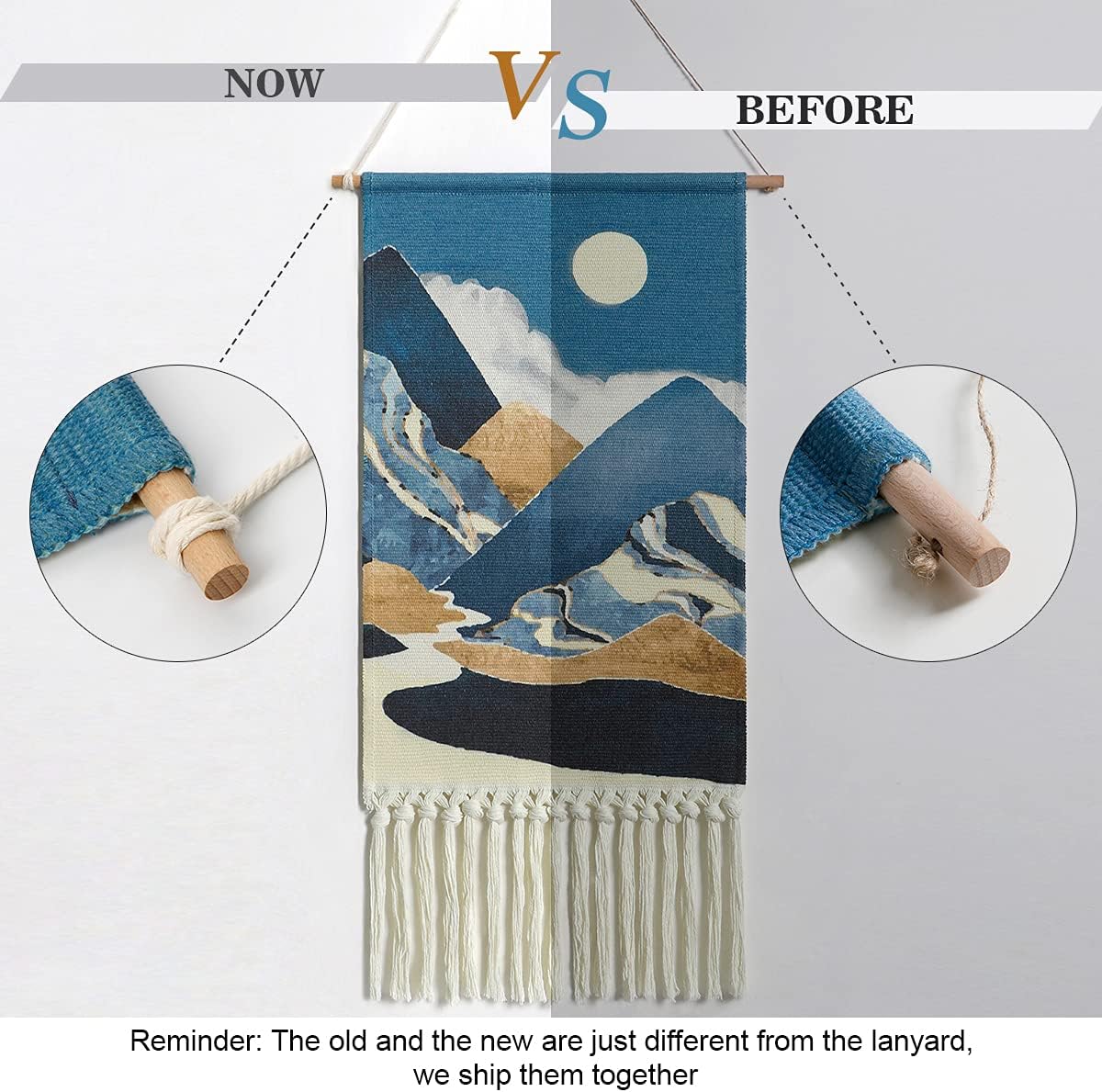 Blue Macrame Woven Wall Hanging Tapestry Boho Wall Art Moon Mountain