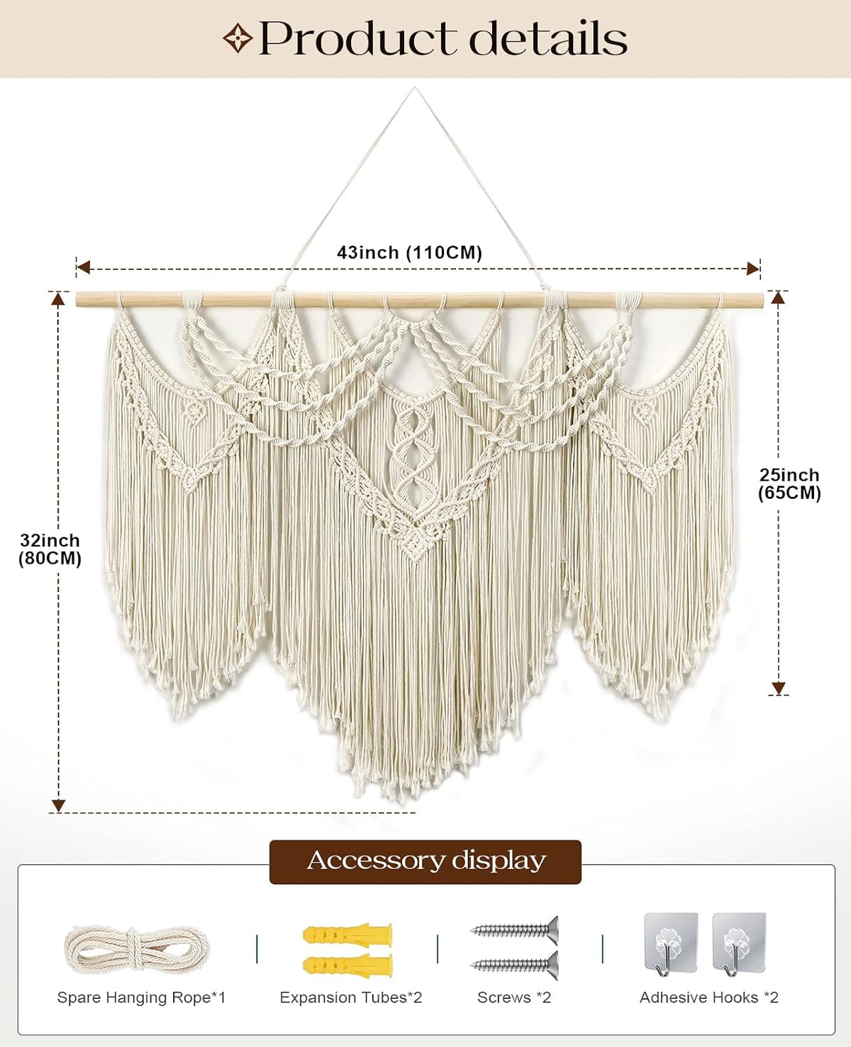 Tempospark Macrame Wall Hanging, 43"x32" Boho Wall Tapestry, Large Wall Art for Bedroom, Living Room, Dining Room, Nursery, Gallery, Office (Tassel)
