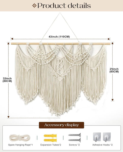 Tempospark Macrame Wall Hanging, 43"x32" Boho Wall Tapestry, Large Wall Art for Bedroom, Living Room, Dining Room, Nursery, Gallery, Office (Tassel)