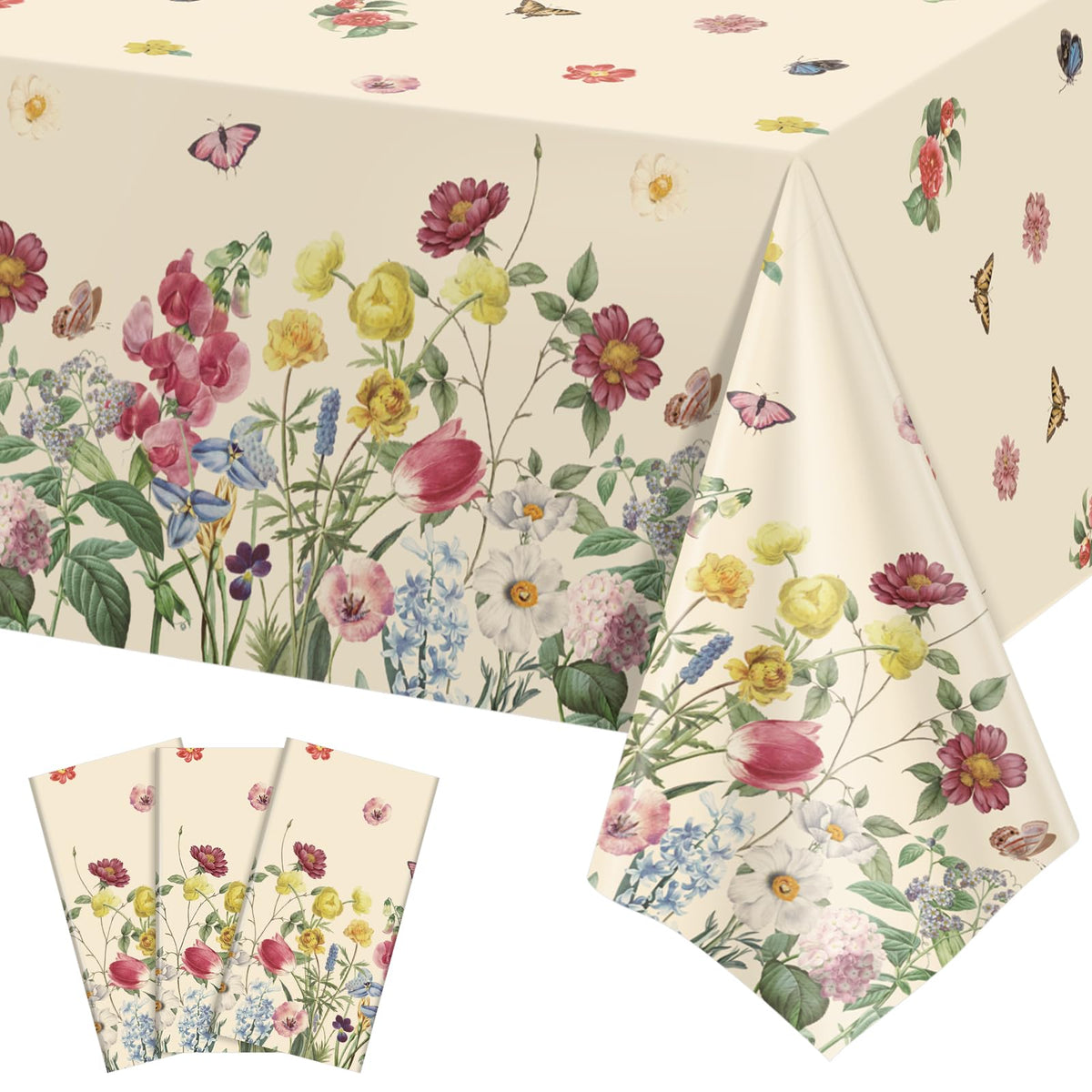 NatNarr 3 Pack Sage Green Floral Plastic Tablecloths, Tea Party Tablecloth