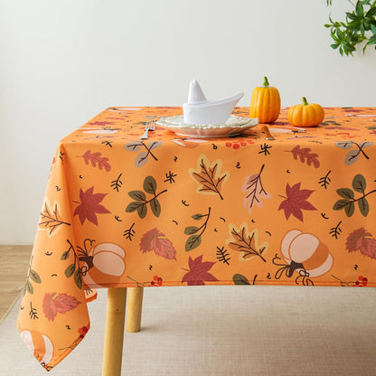 Thanksgiving Waterproof Tablecloth – Fall Harvest Pumpkins, Maple Leaves & Berries Print – Autumn Rectangle Table Cover for Dining or Party, Brown, W60 x L84 in