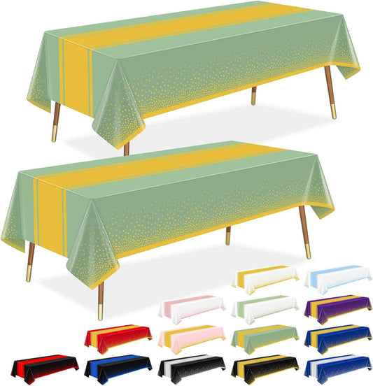 LANLISA Sage Green and Gold Tablecloth Party Decorations 2 Pack, Disposable Plastic Table Cloths for Baby Shower Birthday Wedding Party Decor