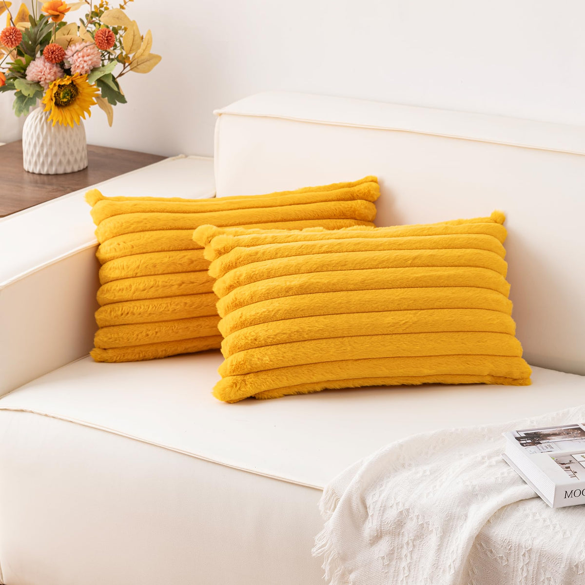 Pack of 2 Faux Fur Christmas Throw Pillow Covers 18x18 Inch, Cream White