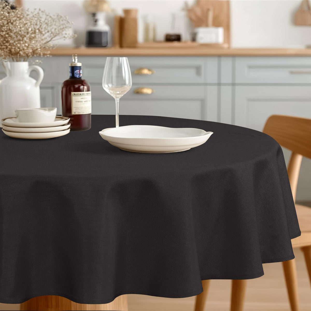 JIUZHEN Round Table Cloth Faux Linen Farmhouse Tablecloth Wrinkle and Stain Resistant Decorative Fabric Table Cover for Kitchen, Dining Room, Parties and Camping, Beige, 120 Inch Round