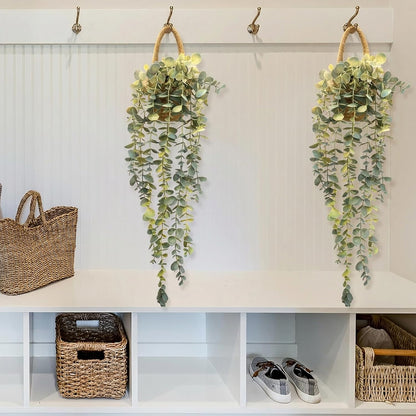Fake Hanging Plant Decor Indoor, Eucalyptus Artificial Faux Plants in Wall Woven Planters, Jute Hanger with Black Pot Soft Green 1PCS 23Inch Long
