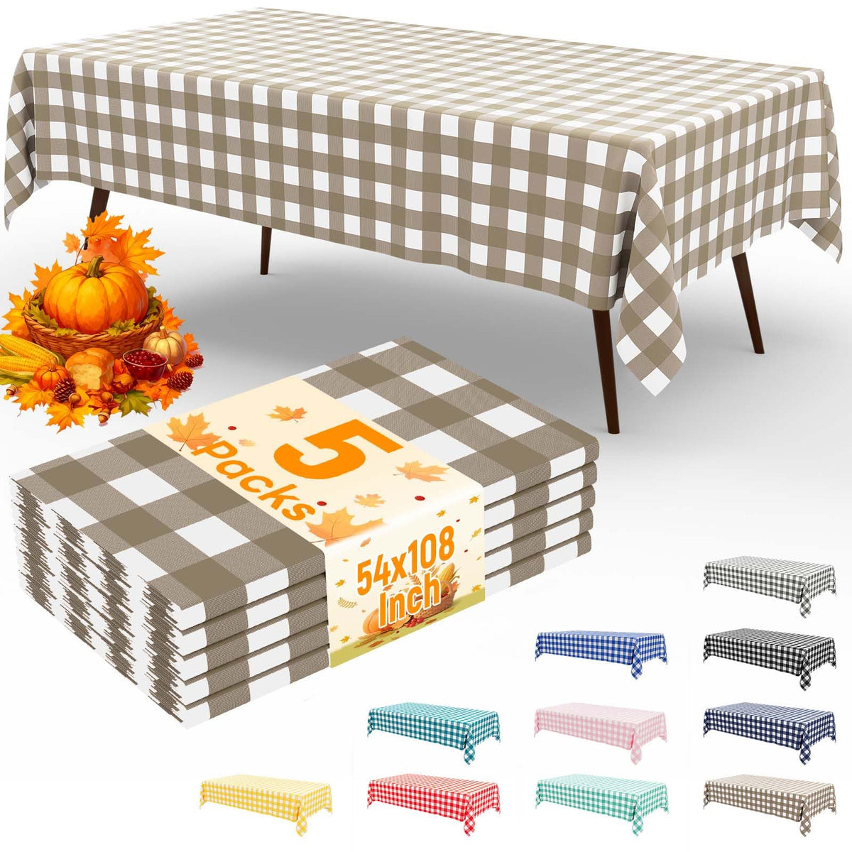 misaya 3 Packs Khaki White Buffalo Gingham Plastic Disposable Table Cloth