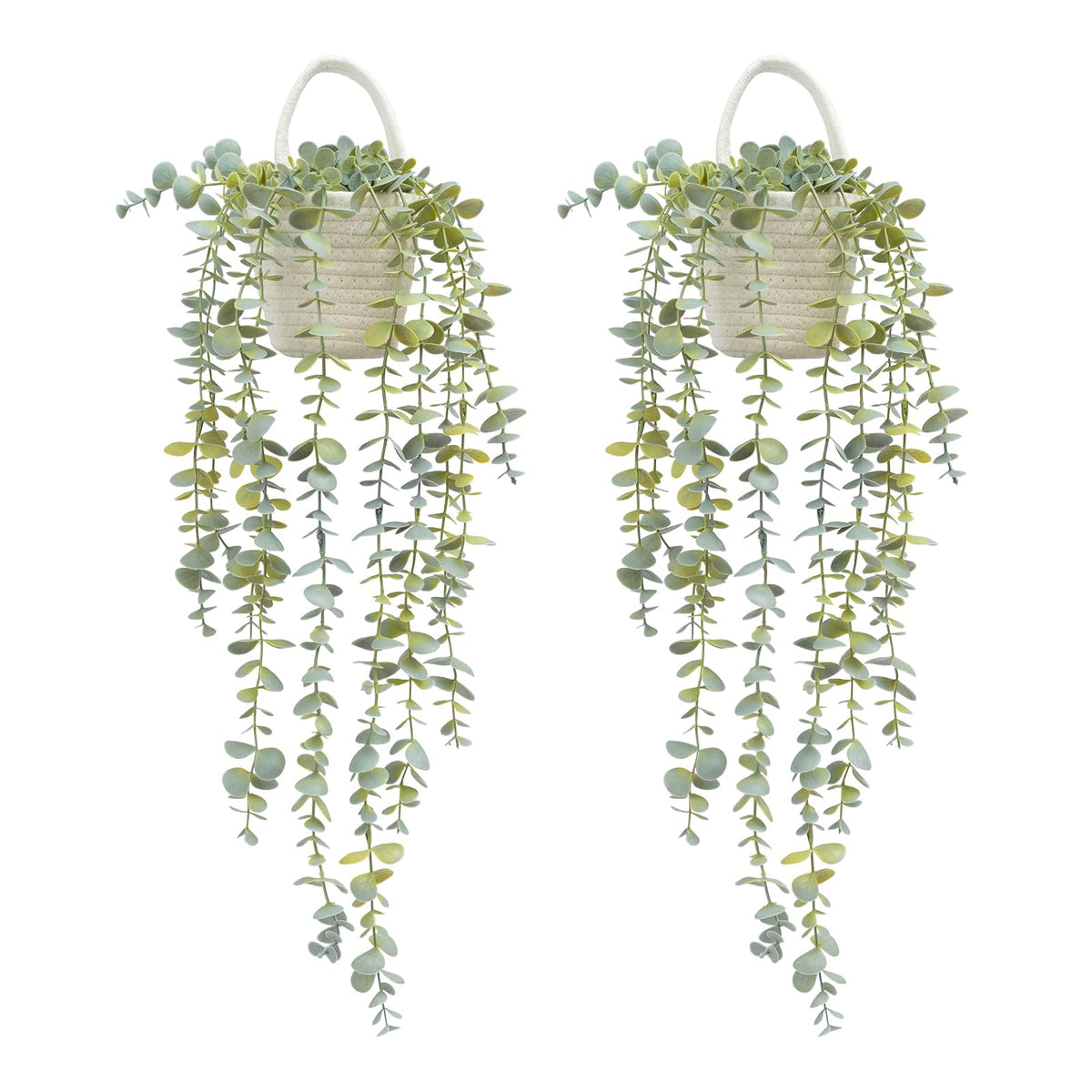 Fake Hanging Plant Decor Indoor, Eucalyptus Artificial Faux Plants in Wall Woven Planters, Jute Hanger with Black Pot Soft Green 1PCS 23Inch Long