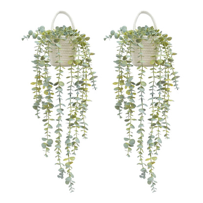 Fake Hanging Plant Decor Indoor, Eucalyptus Artificial Faux Plants in Wall Woven Planters, Jute Hanger with Black Pot Soft Green 1PCS 23Inch Long