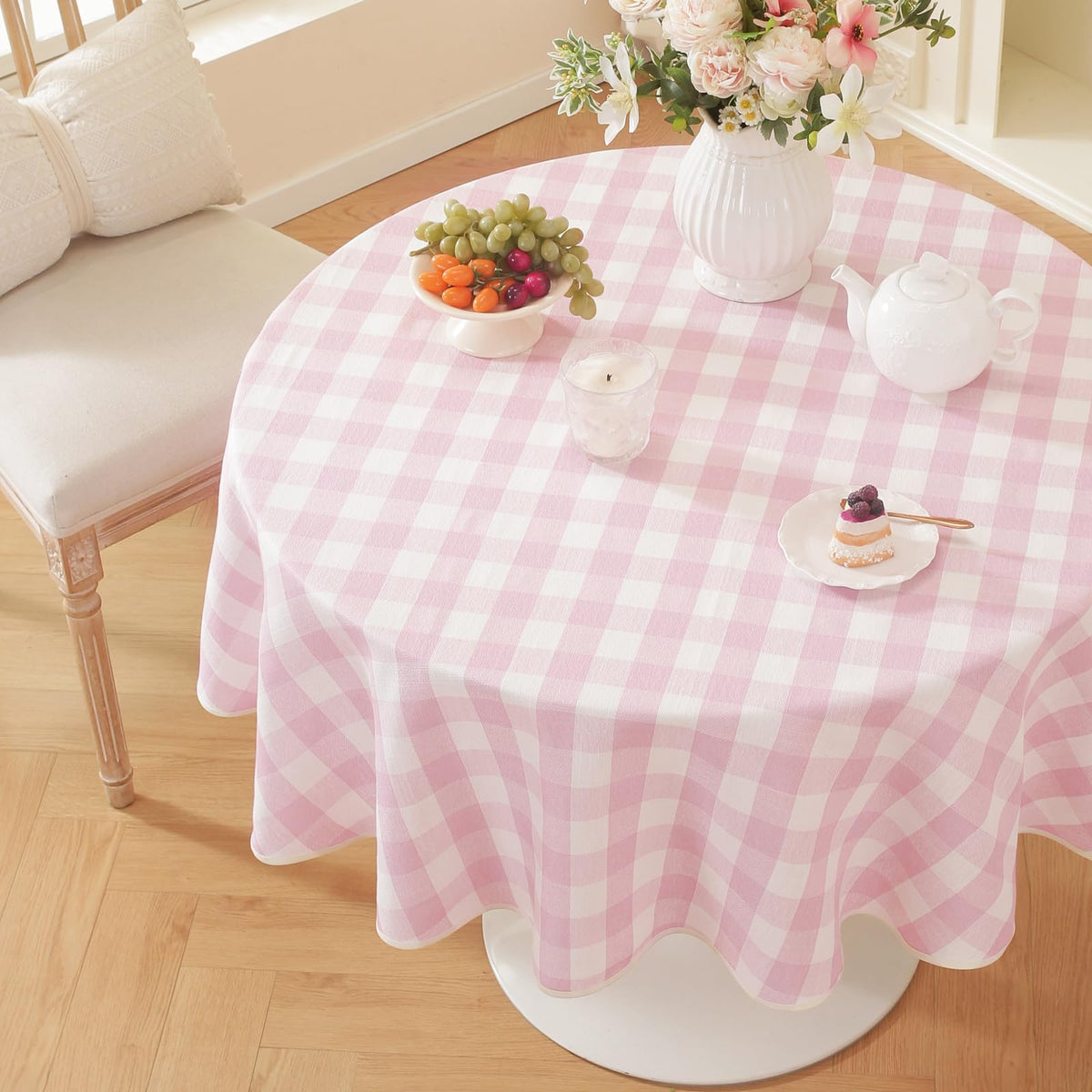 Laolitou Spring Pink Gingham Table Cloth Rectangle Tables Buffalo Plaid Checkered Tablecloth Cotton Linen Farmhouse Tablecloths Washable Wrinkle Free for Picnic Kitchen, 60"x75" 4-6 Seats