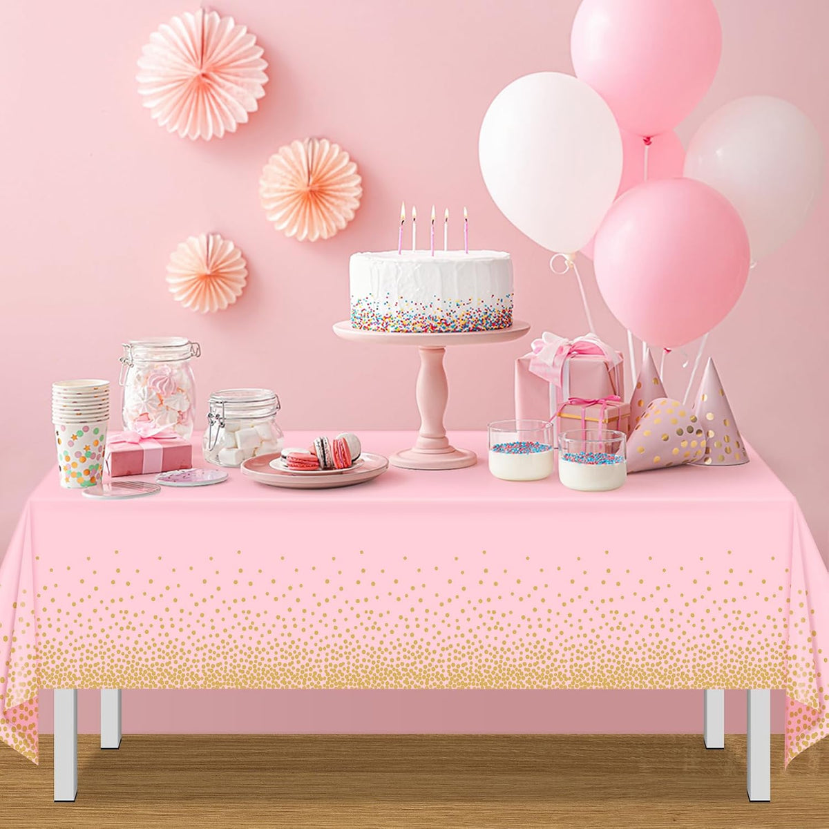 FunnyPars 4 Pack Pink and Gold Plastic Tablecloth for Parties, Pink Disposable Table Cloth for Rectangle Tables, Gold Dot Confetti Light Pink Tablecloth for Birthday Wedding Baby Shower Party, 54x108