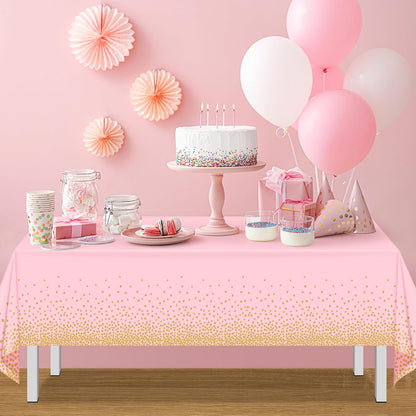 FunnyPars 4 Pack Pink and Gold Plastic Tablecloth for Parties, Pink Disposable Table Cloth for Rectangle Tables, Gold Dot Confetti Light Pink Tablecloth for Birthday Wedding Baby Shower Party, 54x108
