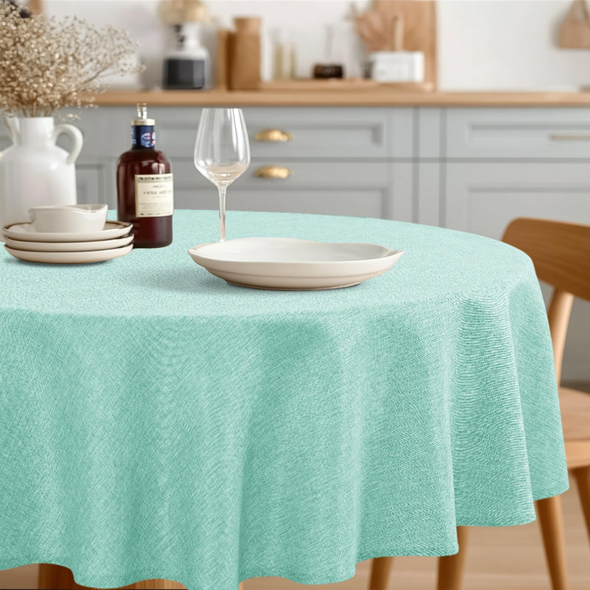 JIUZHEN Round Table Cloth Faux Linen Farmhouse Tablecloth Wrinkle and Stain Resistant Decorative Fabric Table Cover for Kitchen, Dining Room, Parties and Camping, Beige, 120 Inch Round