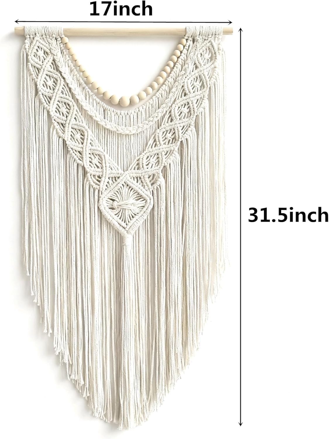 guzhiou Macrame Wall Hanging Boho Geometric Woven Tapestry Cotton Handmade Bohemian Art Decor with Wood Bead Wall Decor for Bedroom Living Room Apartment Nursery 31.5" L x 17" W(Wood bead-A)
