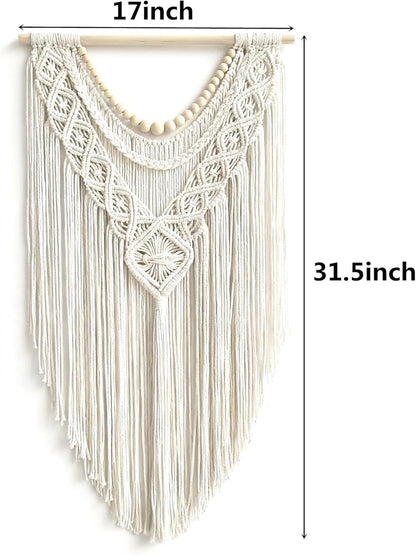 guzhiou Macrame Wall Hanging Boho Geometric Woven Tapestry Cotton Handmade Bohemian Art Decor with Wood Bead Wall Decor for Bedroom Living Room Apartment Nursery 31.5" L x 17" W(Wood bead-A)