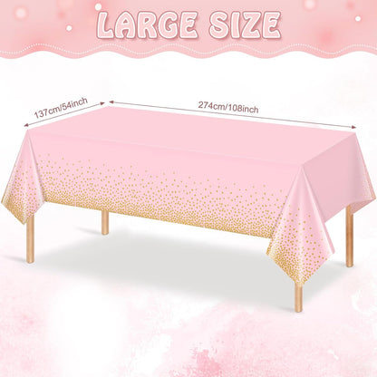 FunnyPars 4 Pack Pink and Gold Plastic Tablecloth for Parties, Pink Disposable Table Cloth for Rectangle Tables, Gold Dot Confetti Light Pink Tablecloth for Birthday Wedding Baby Shower Party, 54x108