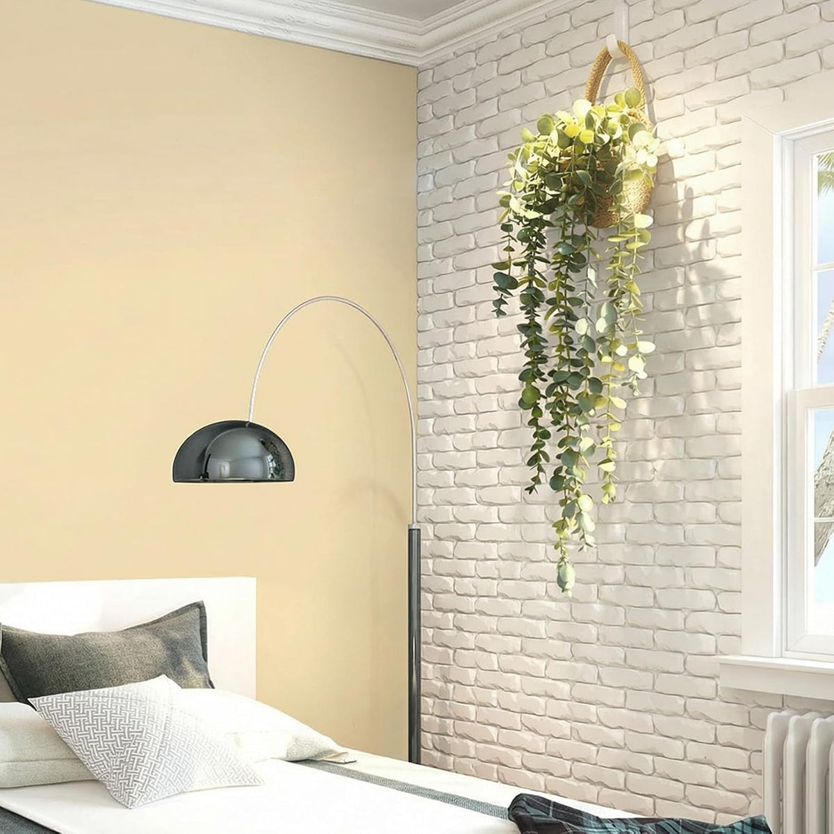 Fake Hanging Plant Decor Indoor, Eucalyptus Artificial Faux Plants in Wall Woven Planters, Jute Hanger with Black Pot Soft Green 1PCS 23Inch Long