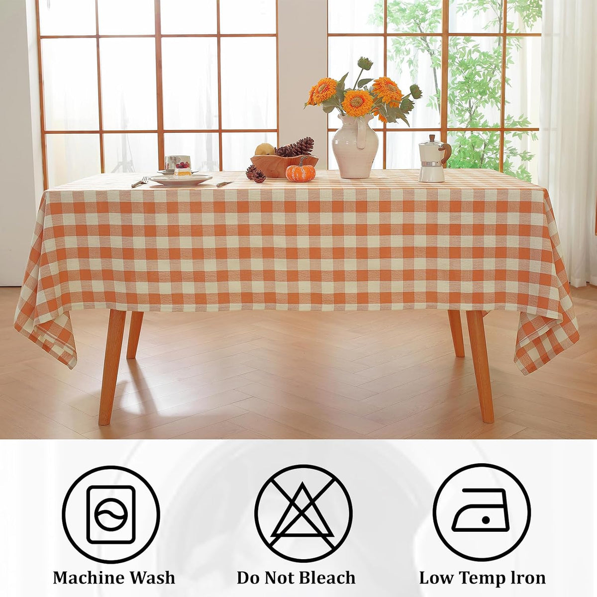 Alsoo Checkered Tablecloth Rectangle Gingham Table Cloth Washable Cotton Linen Fall Thanksgiving Buffalo Plaid Table Cover for Picnic Kitchen Dining Room, Orange and White, 60 * 75 inch